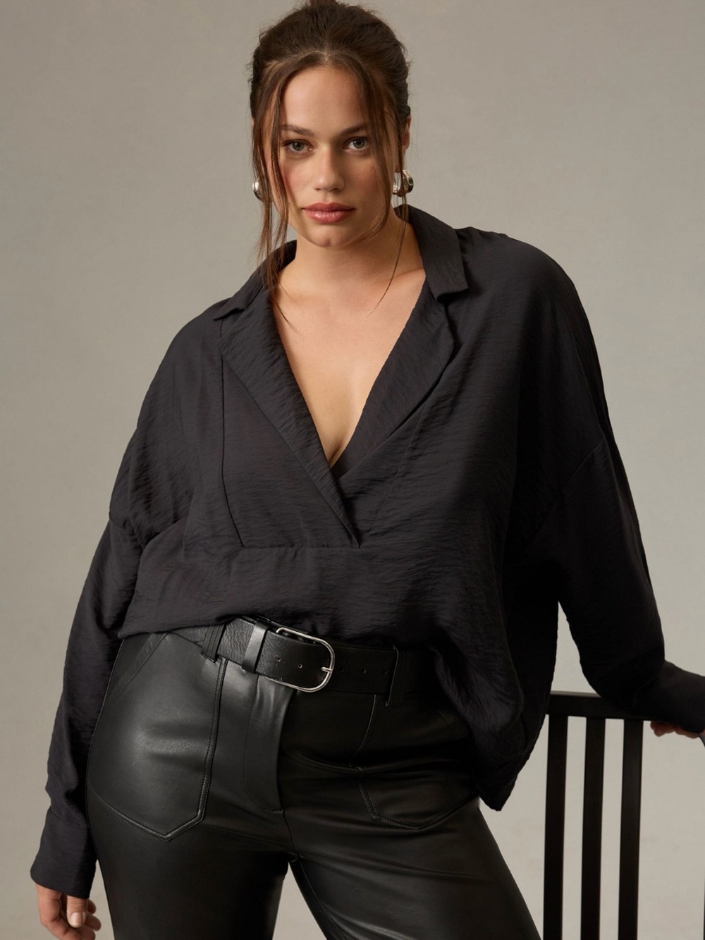 Anthropologie Black Draped V-Neck Blouse with Notch Lapel